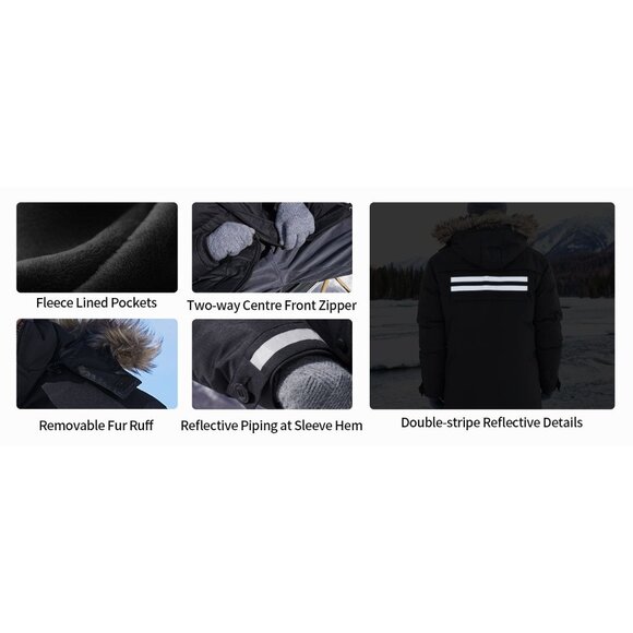 Mens Winter Hooded Parka Jacket With Reflective Stripes - Multiple Colors and Si - Picture 6 of 10